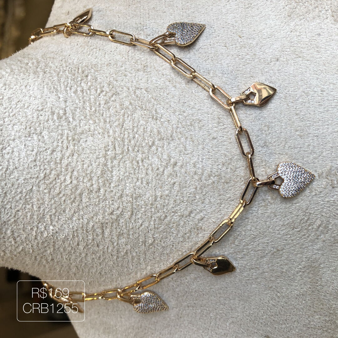 Colar De Corações APM Mônaco Elo Alongado Cristal Dourado